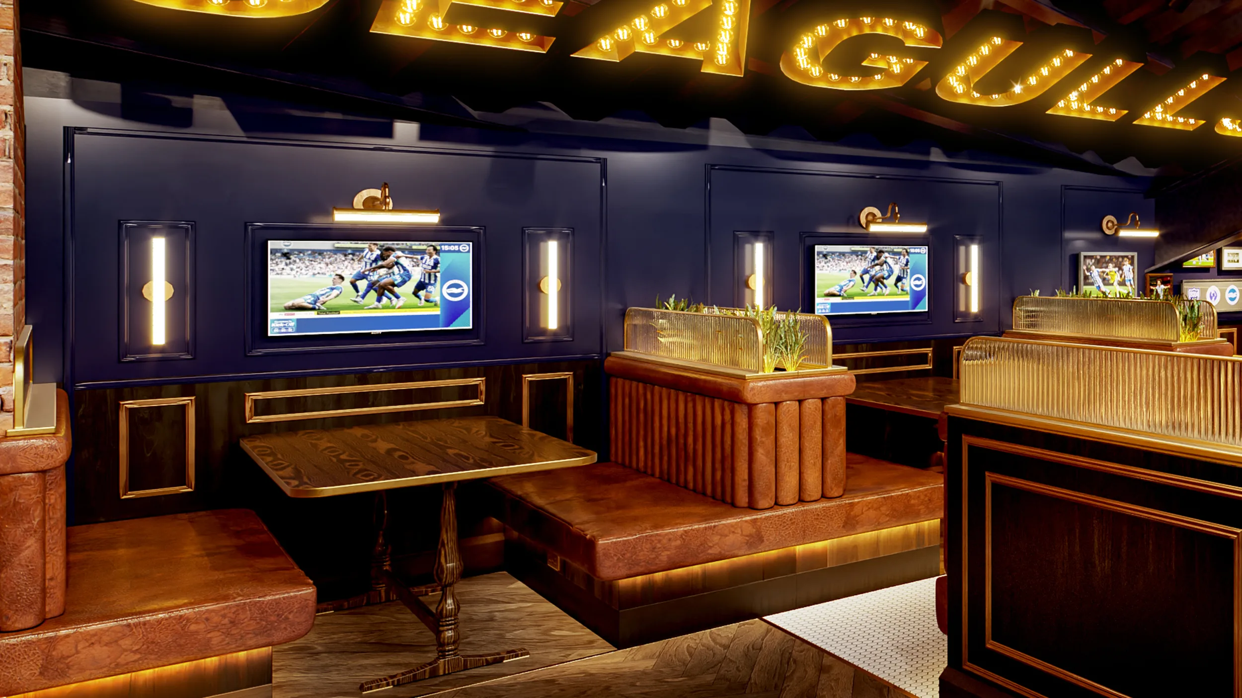 A CGI construction of a booth area in the new 1901 Pub.