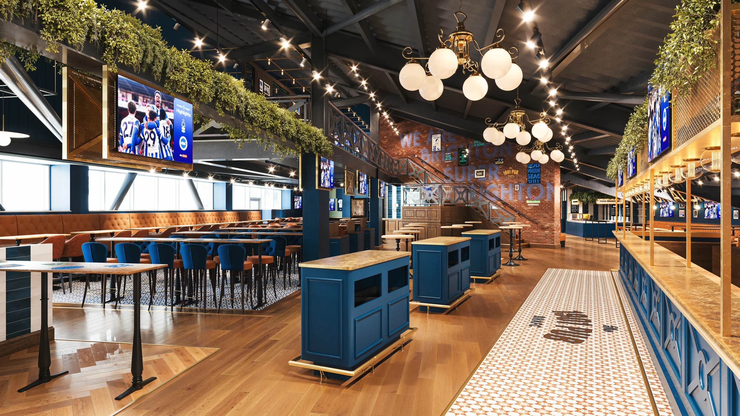 Another CGI view of the 1901 Pub. Looking outward from the bar, it offers a different view of the seating arrangements and decor.