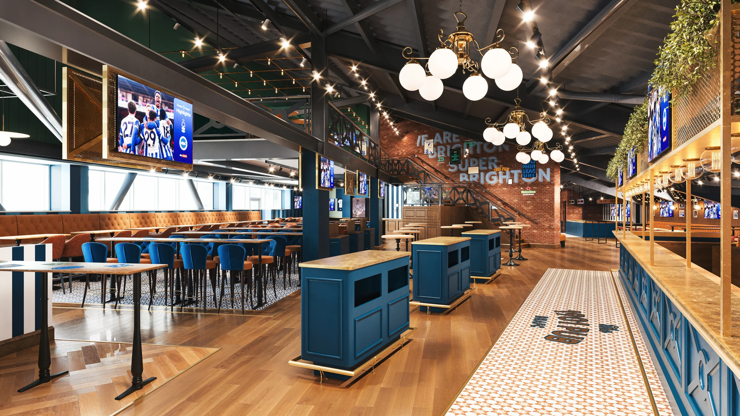 Another CGI view of the 1901 Pub. Looking outward from the bar, it offers a different view of the seating arrangements and decor.