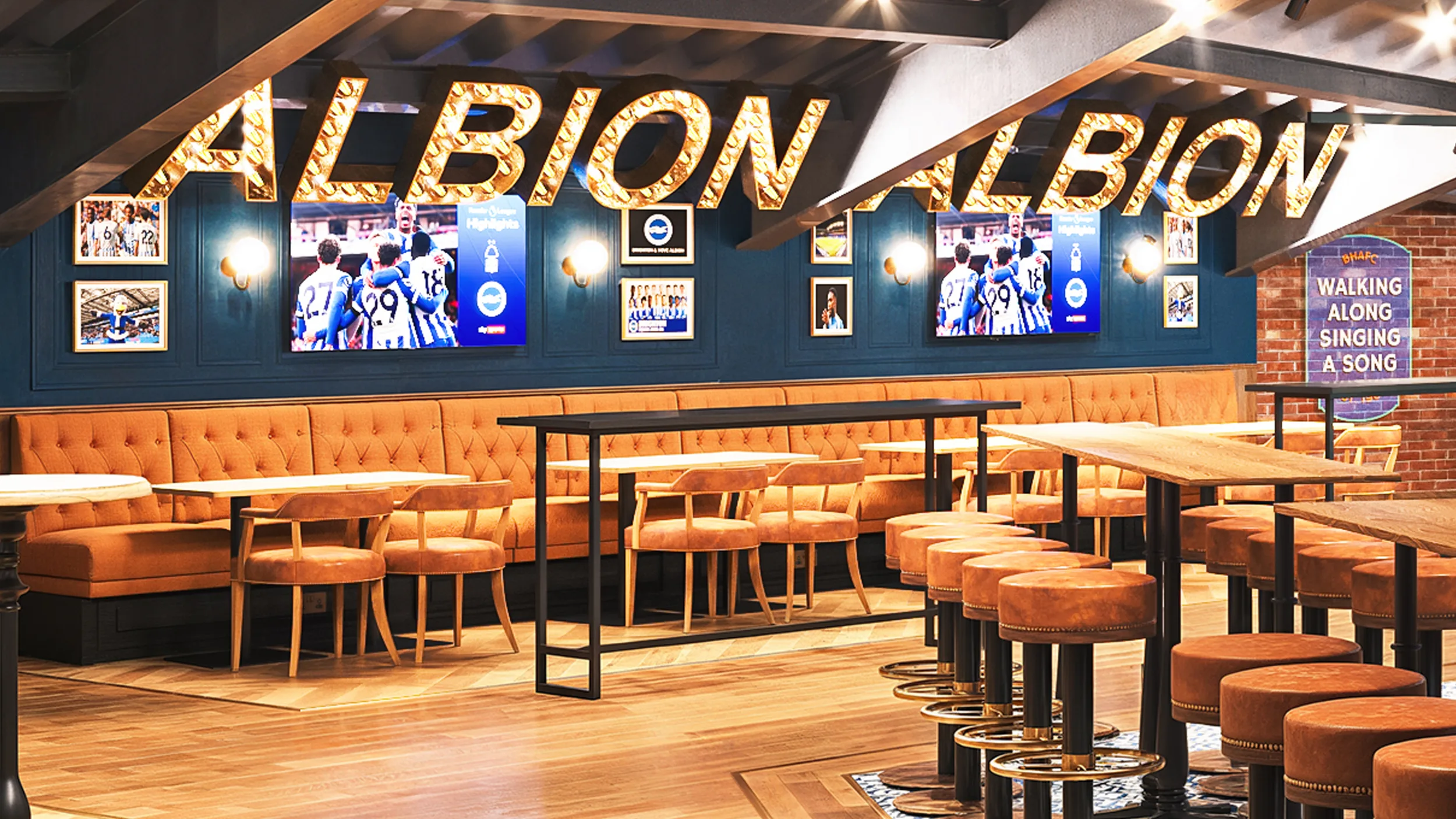 A CGI construction of a booth area in the new 1901 Pub.