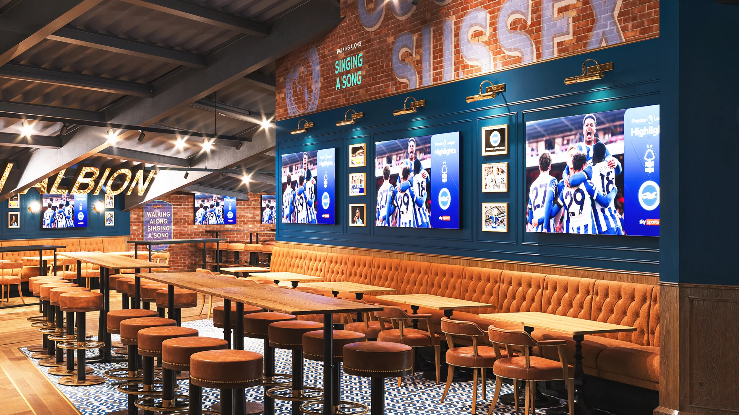 A CGI construction of the 1901 Pub, featuring the pub style decor and tv screens around the new lounge.