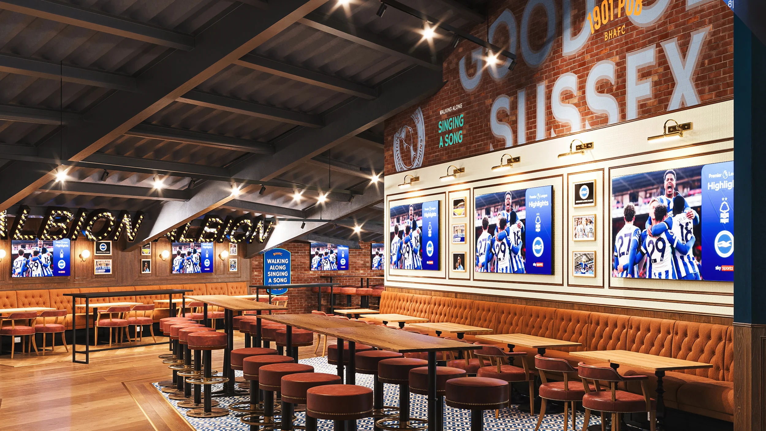 A CGI construction of the 1901 Pub, featuring the pub style decor and tv screens around the new lounge.