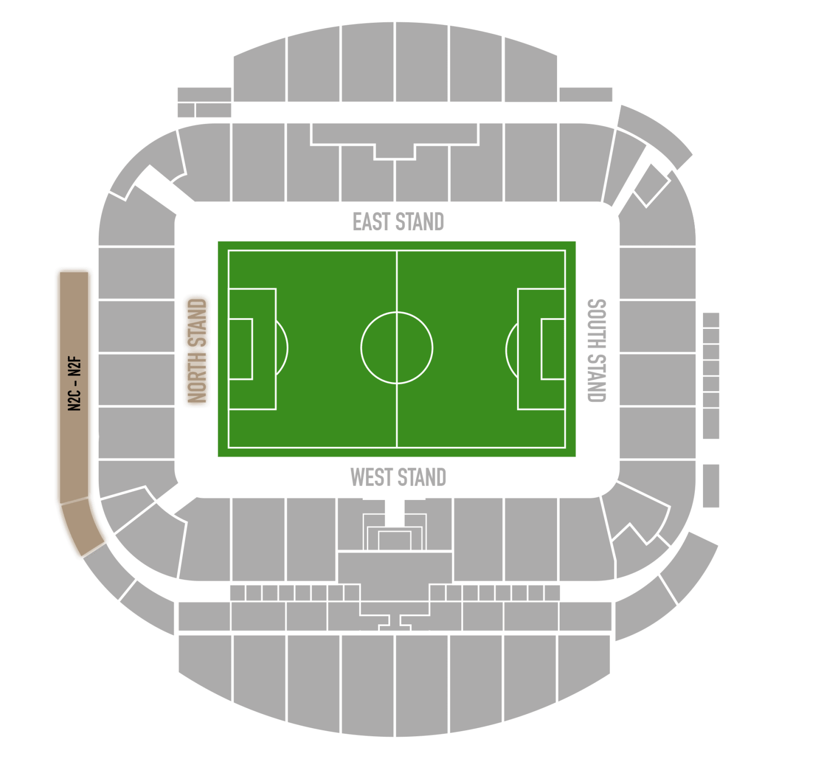 A graphic of the Amex stadium and it's seating blocks, highlighting where the 1901 Pub is in the North stand. N2C - N2F.