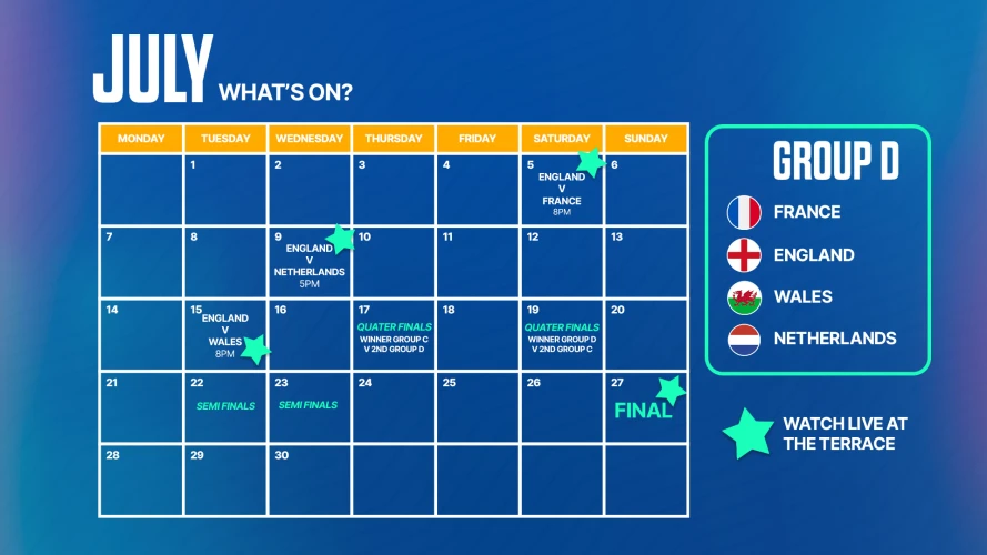 Calendar of July detailing ticketed events to The Terrace