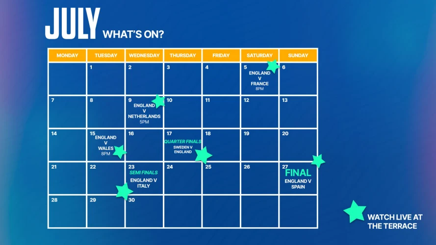 Calendar of July detailing ticketed events to The Terrace
