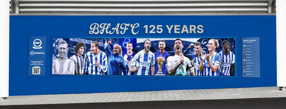 Promotional image for "My Albion 25+ Membership" featuring a montage of six different soccer players and a coach, each in various team uniforms and depicted against a background transitioning from yellow on the left to dark blue on the right. Each figure is separated by vertical blurred lines of color matching their uniforms. The team's logo is displayed in the bottom right corner.