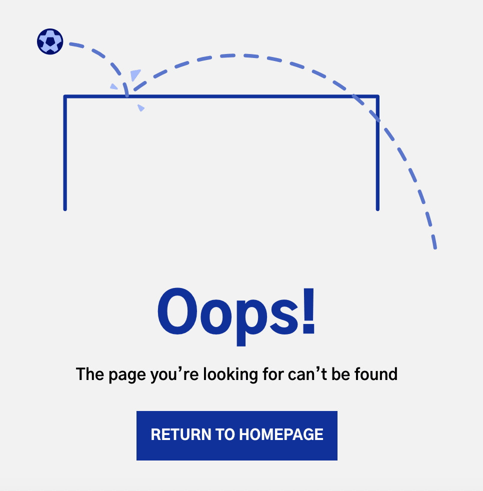 image of a 404 error message with a mised goal and a return to homepage button